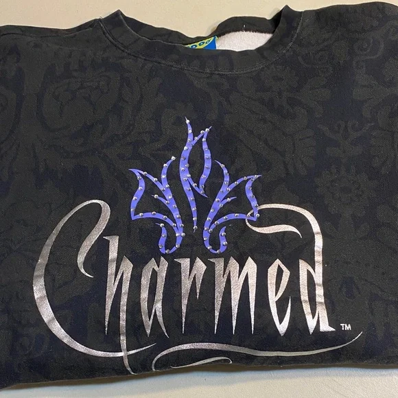 Charmed Women's Black Crewneck Sweater with Blue Stud Accent - Picture 1 of 5